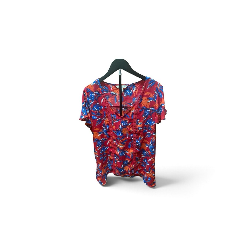 The Pioneer Woman Red Floral Tunic Blouse V-Neck Lace Short Sleeve Size Large